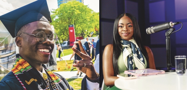 Collage. Left photo: Ayomikun Ayodeji, wearing a gaduate cap and gown, flashes a peace sign at an outdoor graduation ceremony. Right photo: Bertha Tobias, wearing a green and blue dress, sits at a table behind a professional microphone in a recording studio.