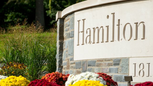 A grey and tan stone sign with the carved text "Hamilton" sits behind a group of colorful flowers.